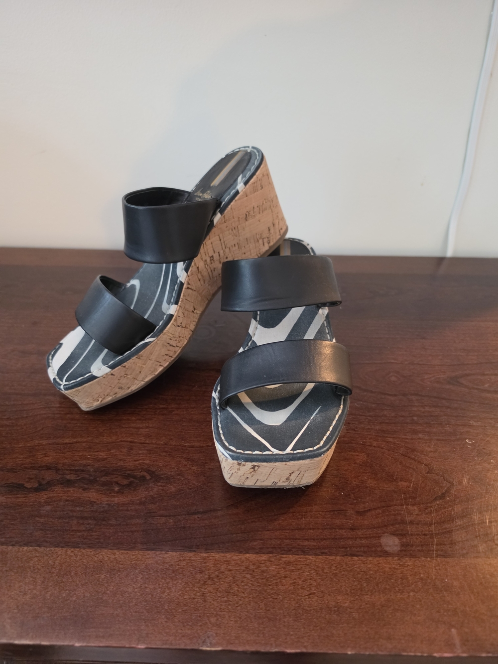 Sam Edelman Black Double-Strap Cork Wedge Sandals